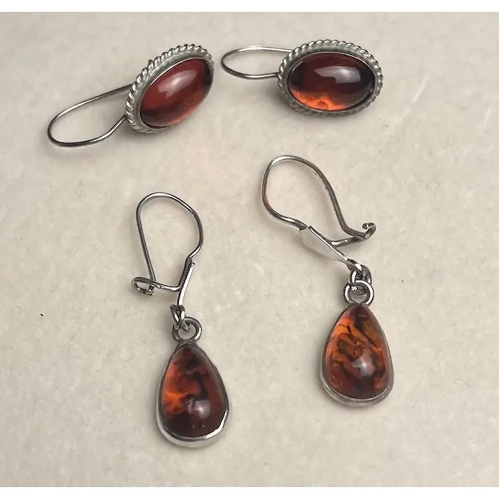 925 Sterling Silver Amber Dangle Drop Earrings Honey Cabochon Dainty Hook Lot